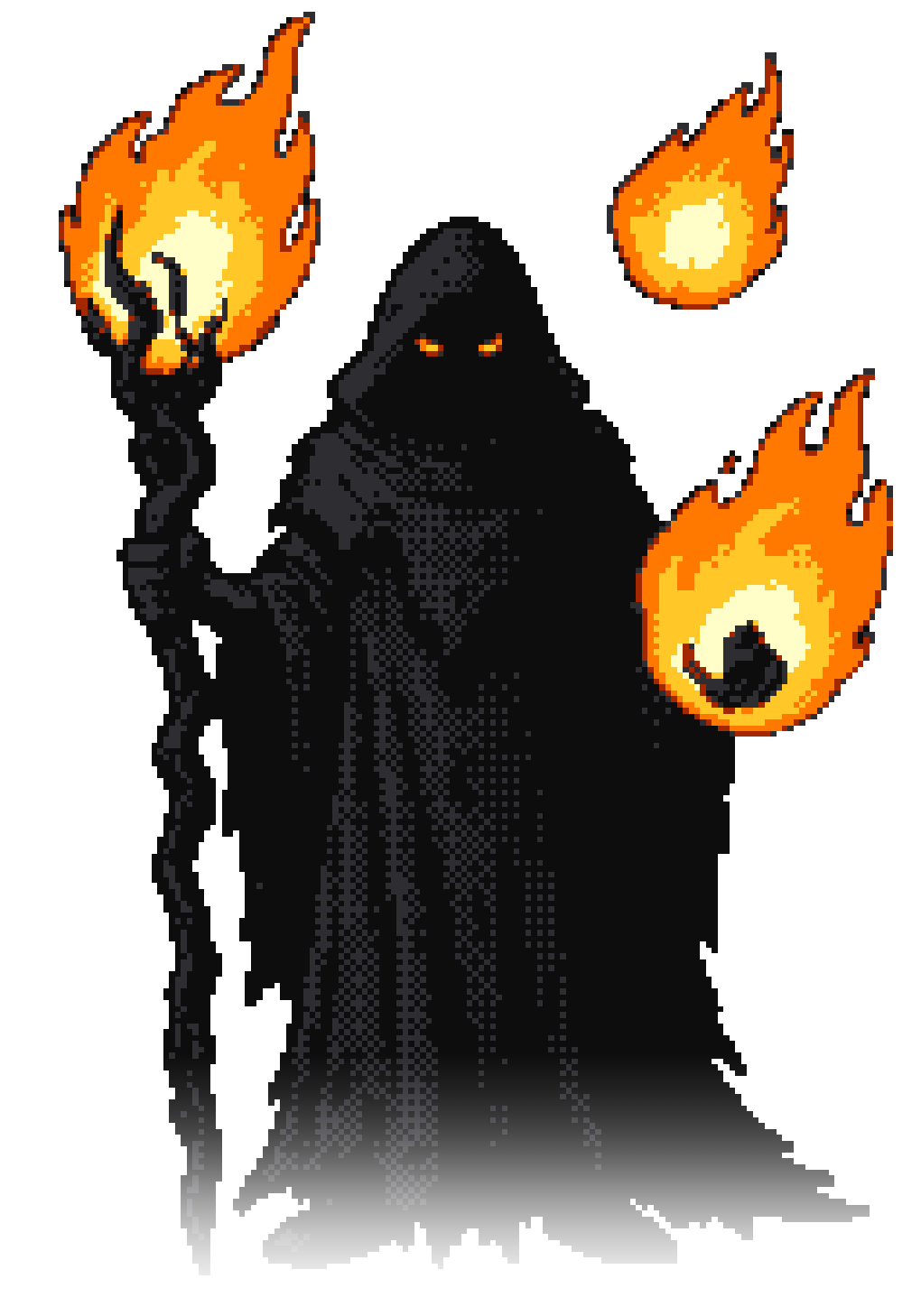 Pixel art of a hooded dark wizard in black robes with glowing orange eyes, holding a gnarled staff topped with fire while summoning two floating fireballs.